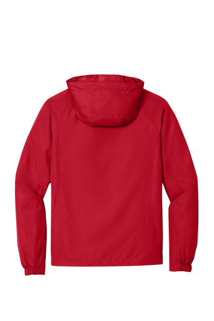 Sport-Tek hooded raglan windbreaker jacket in true red, with a flat back design, lightweight and sporty for outdoor wear.