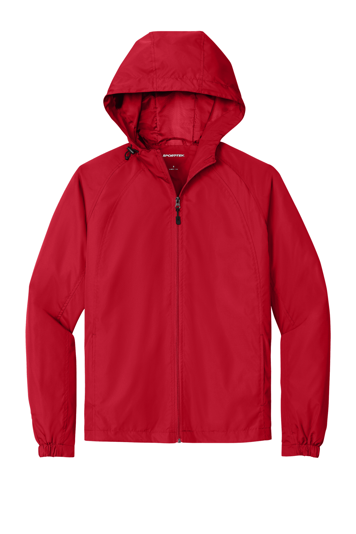 Sport-Tek hooded raglan windbreaker jacket in true red with front view, lightweight and sporty for active wear.