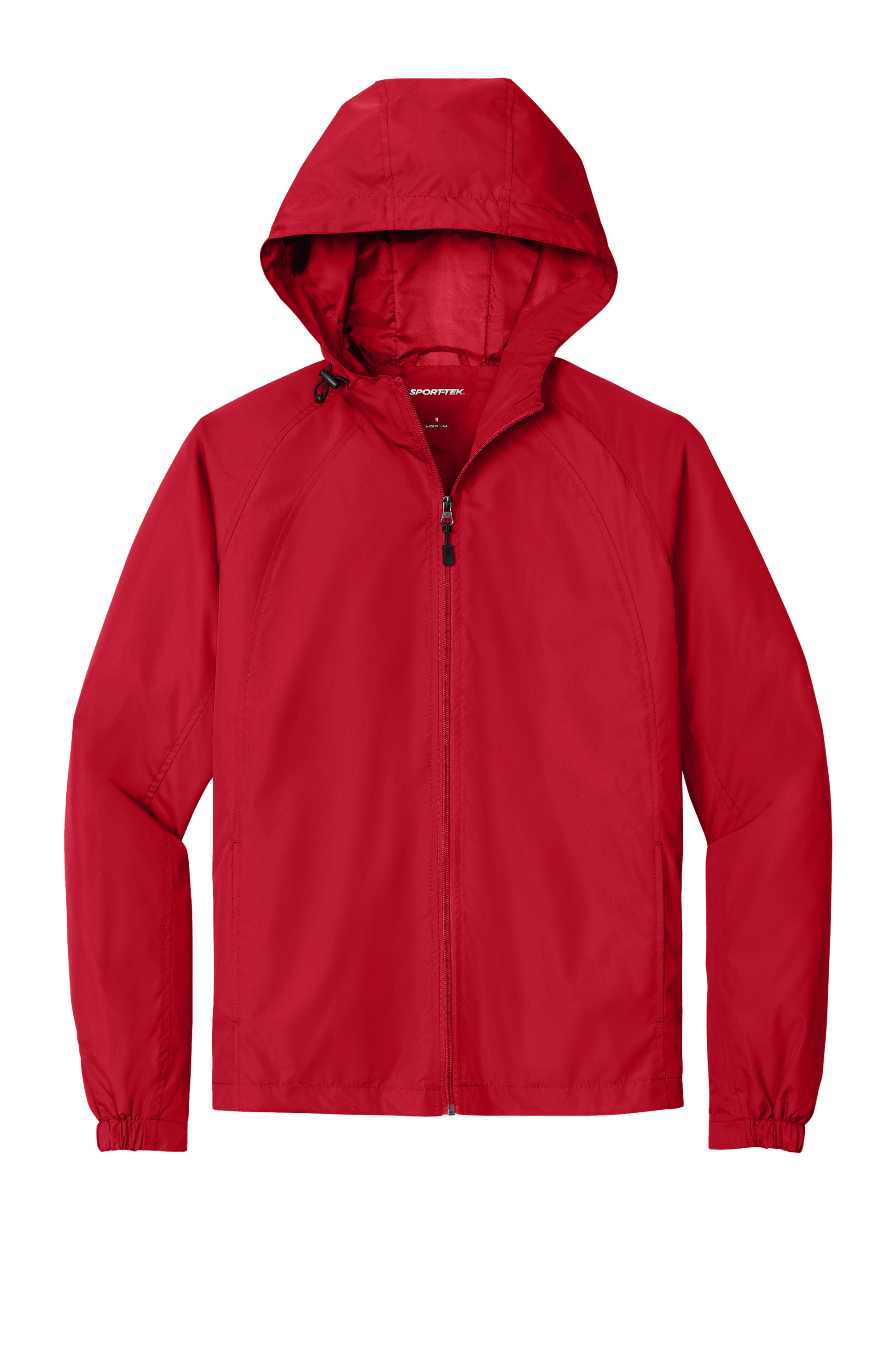Sport-Tek hooded raglan windbreaker jacket in true red with front view, lightweight and sporty for active wear.