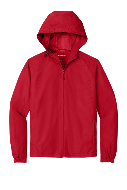 Sport-Tek hooded raglan windbreaker jacket in true red with front view, lightweight and sporty for active wear.
