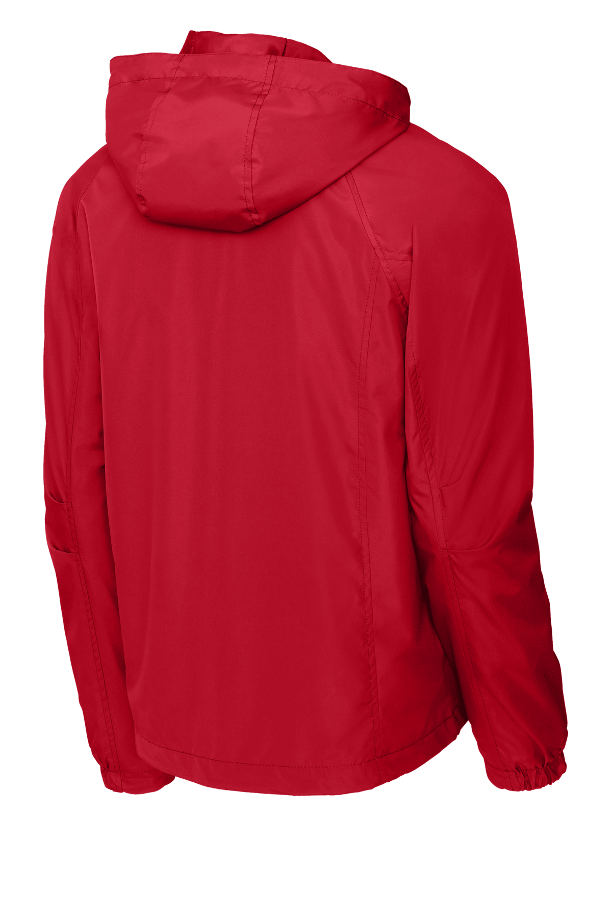 Sport-Tek® hooded raglan windbreaker jacket in true red, showing back view with hood and sporty design.