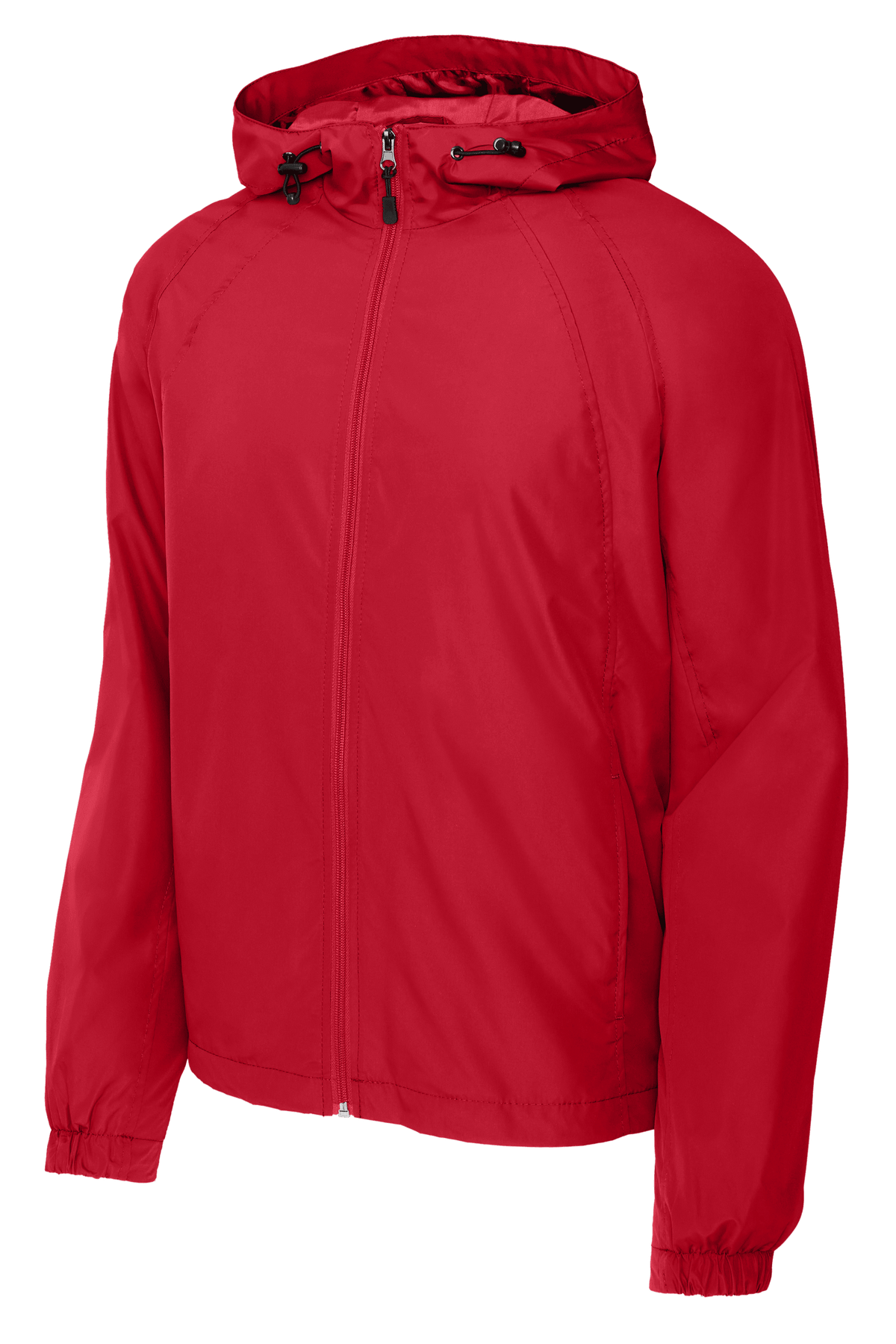 Sport-Tek hooded raglan windbreaker jacket in true red, front view showing lightweight design and sporty style.