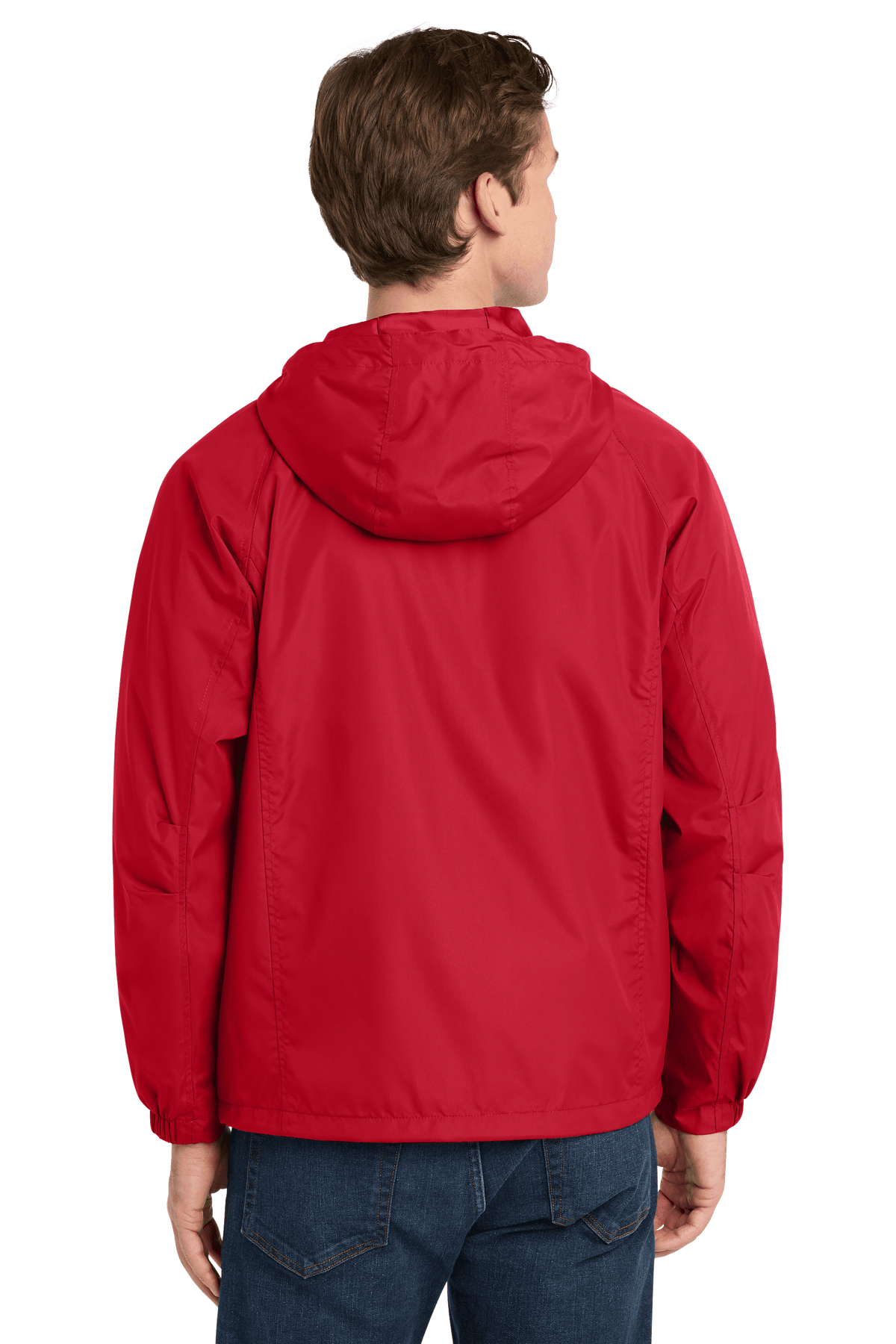 Sport-Tek® hooded raglan windbreaker jacket in true red, shown from the back with a hood and sporty design.