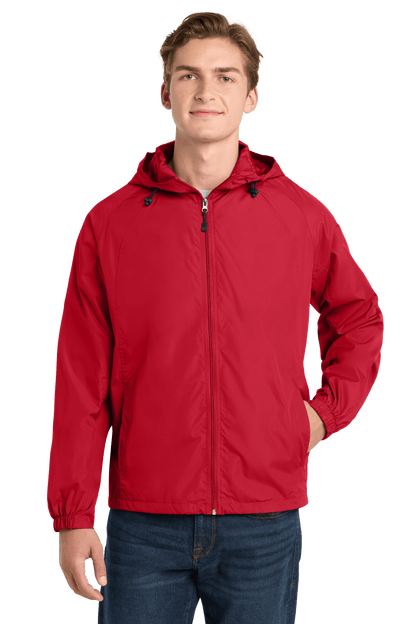 Sport-Tek hooded raglan jacket JST73 in True Red, front view showing lightweight windbreaker with hood and raglan sleeves.