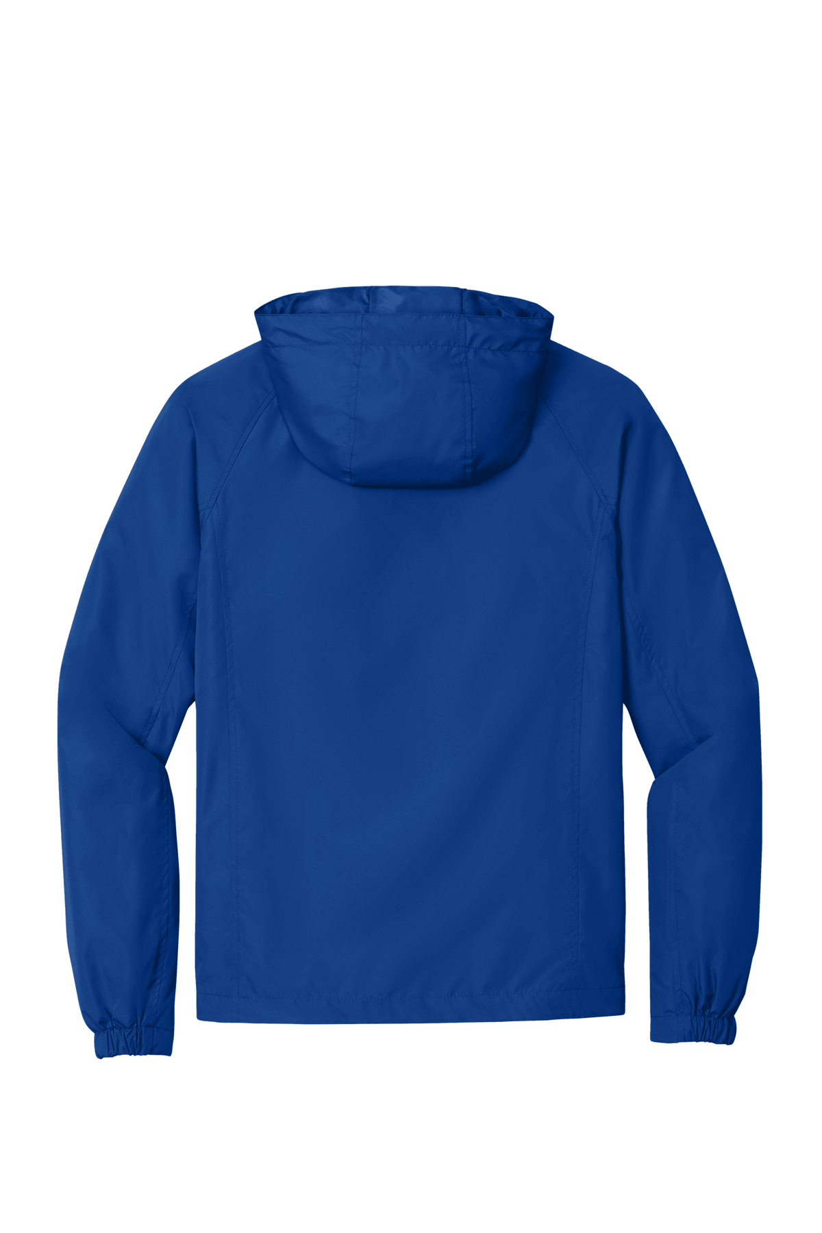 Sport-Tek hooded raglan windbreaker jacket in true royal color, lightweight and stylish for active wear.