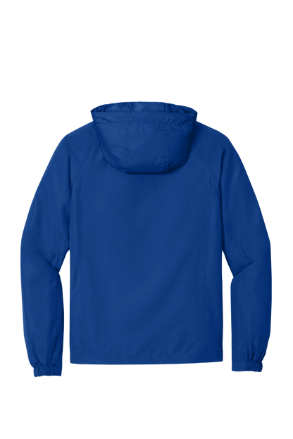 Sport-Tek hooded raglan windbreaker jacket in true royal color, lightweight and stylish for active wear.