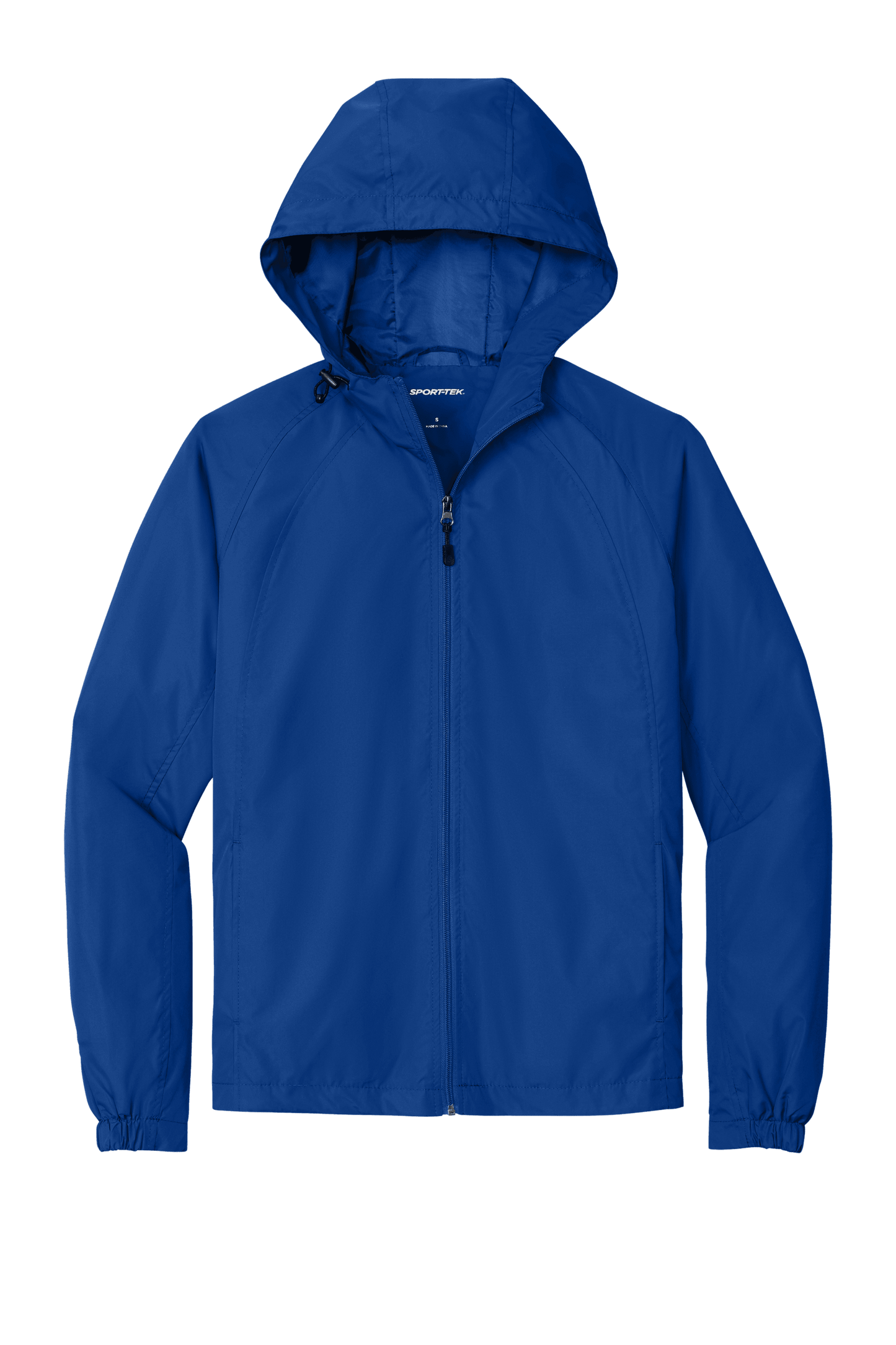 Sport-Tek hooded raglan windbreaker jacket in true royal color, featuring a front view with a lightweight, sporty design.