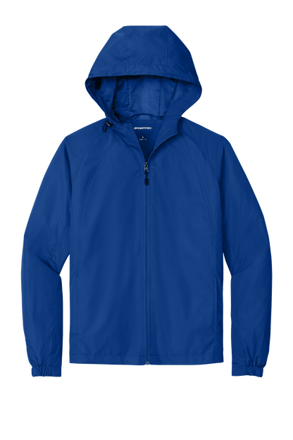 Sport-Tek hooded raglan windbreaker jacket in true royal color, featuring a front view with a lightweight, sporty design.