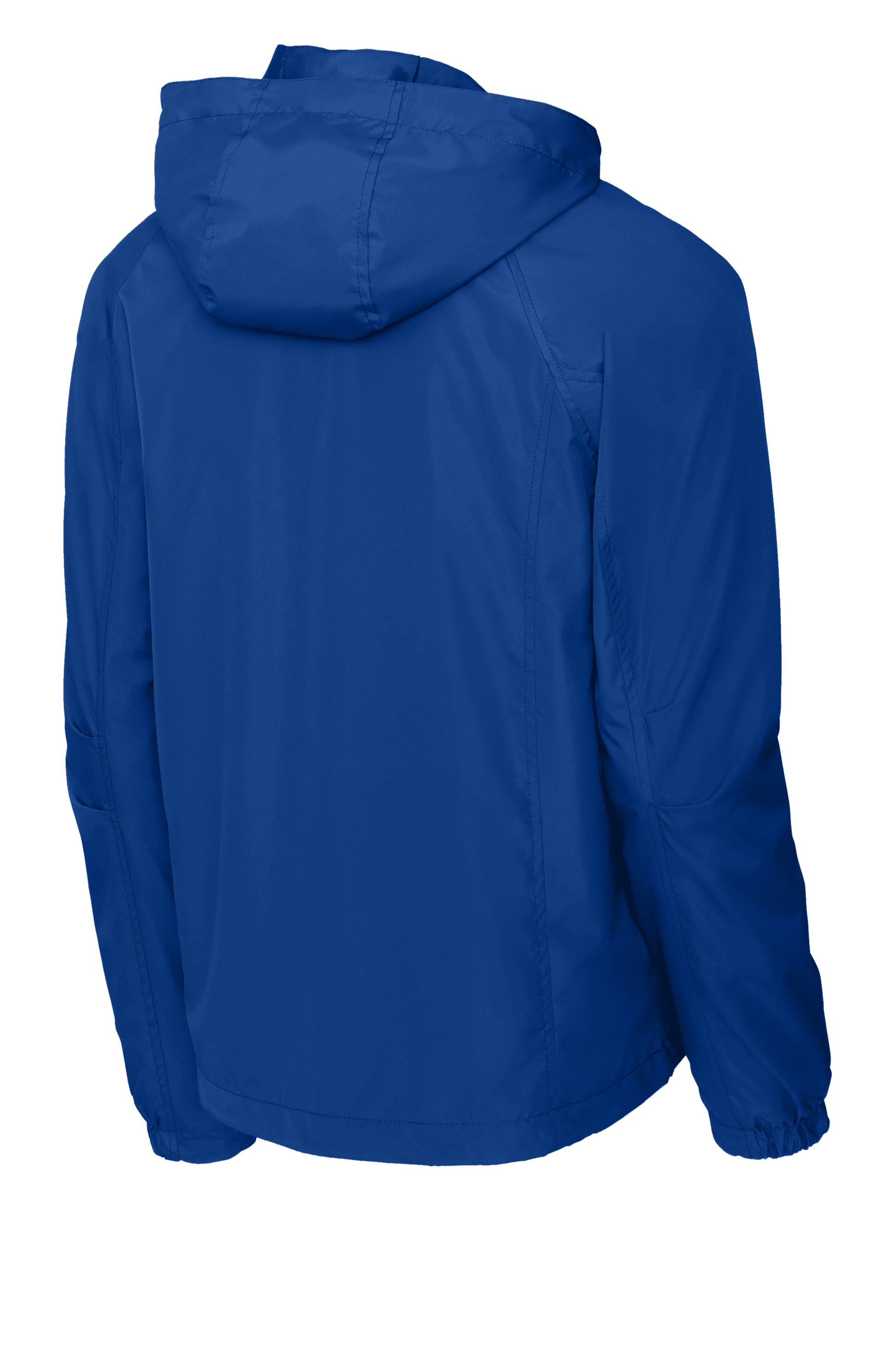 Sport-Tek hooded raglan windbreaker jacket in true royal color, shown from the back with a relaxed fit and lightweight design.