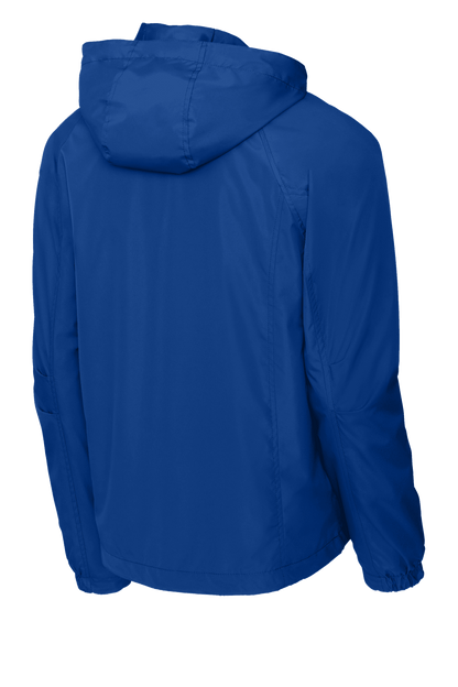 Sport-Tek hooded raglan windbreaker jacket in true royal color, shown from the back with a relaxed fit and lightweight design.
