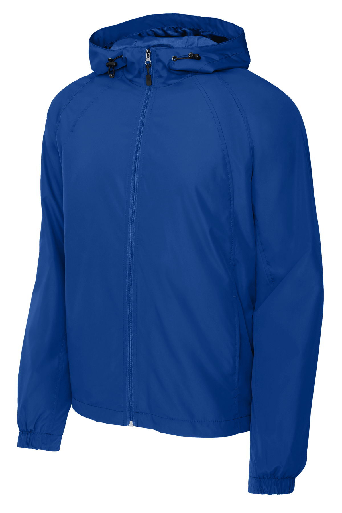 Sport-Tek hooded raglan windbreaker jacket in true royal blue, front view showing lightweight design and hooded style.