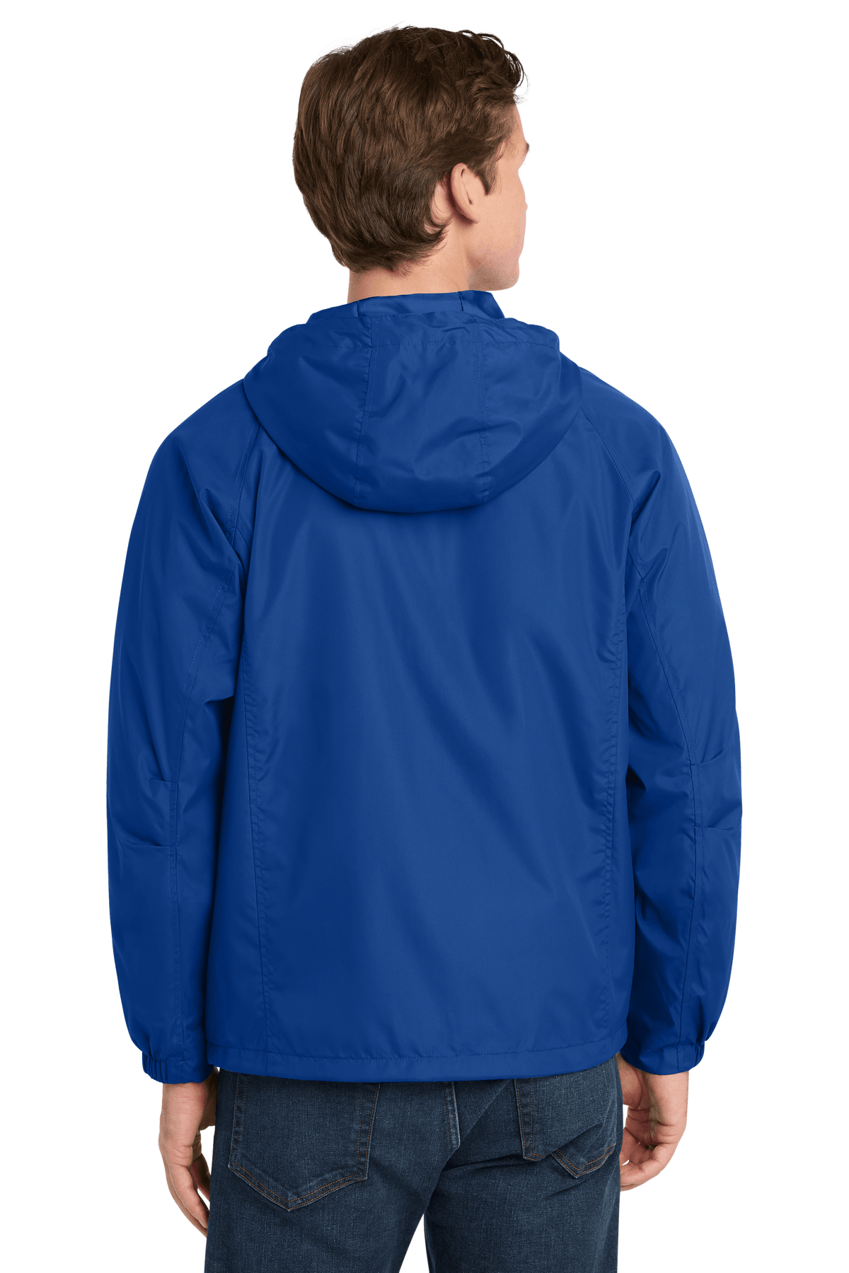 Sport-Tek hooded raglan windbreaker jacket in true royal color, shown from the back with a hood and raglan sleeves.