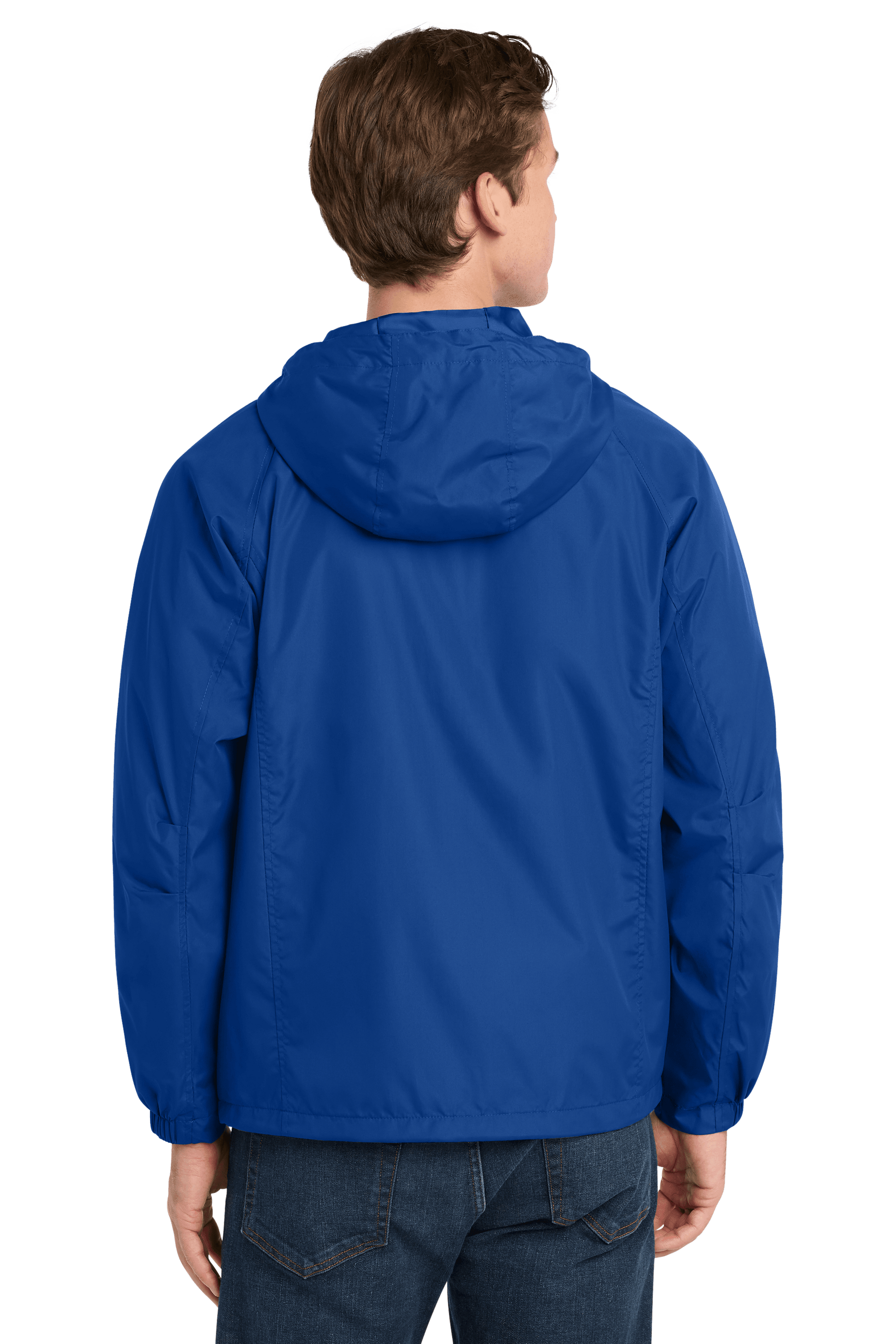 Sport-Tek hooded raglan windbreaker jacket in true royal color, shown from the back with a hood and raglan sleeves.