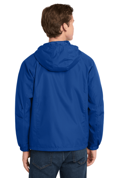 Sport-Tek hooded raglan windbreaker jacket in true royal color, shown from the back with a hood and raglan sleeves.
