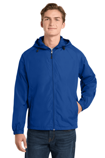 Sport-Tek® hooded raglan windbreaker jacket in true royal color, front view showing lightweight design and sporty style.