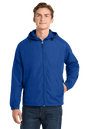 Sport-Tek® hooded raglan windbreaker jacket in true royal color, front view showing lightweight design and sporty style.