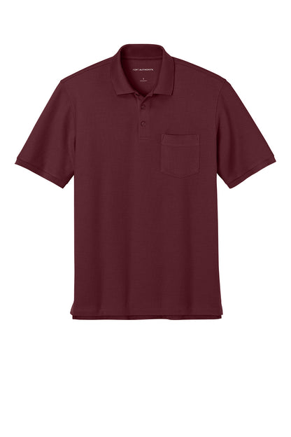 Port Authority short sleeve burgundy pocket polo shirt, flat front view, ideal for corporate uniforms and professional attire.