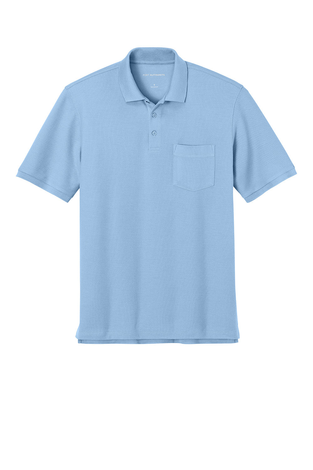 Port Authority® short sleeve pocket polo shirt in cloud blue with front pocket, displayed flat.
