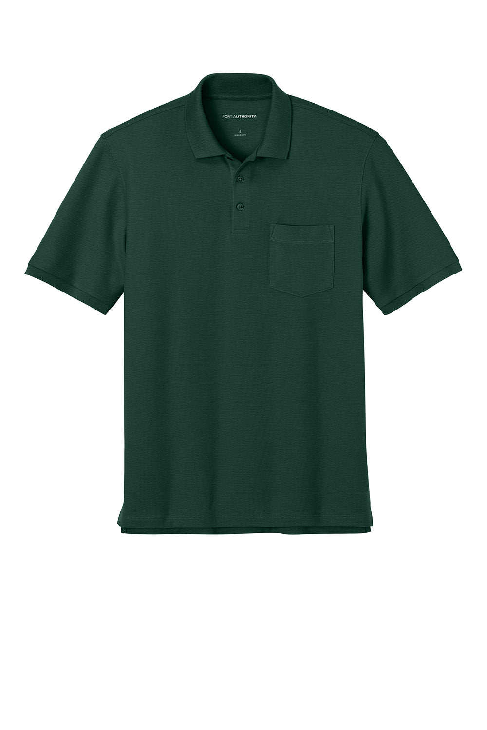 Dark green Port Authority® short sleeve pocket polo shirt with front pocket and collar, shown from the flat front view.