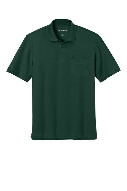 Dark green Port Authority® short sleeve pocket polo shirt with front pocket and collar, shown from the flat front view.