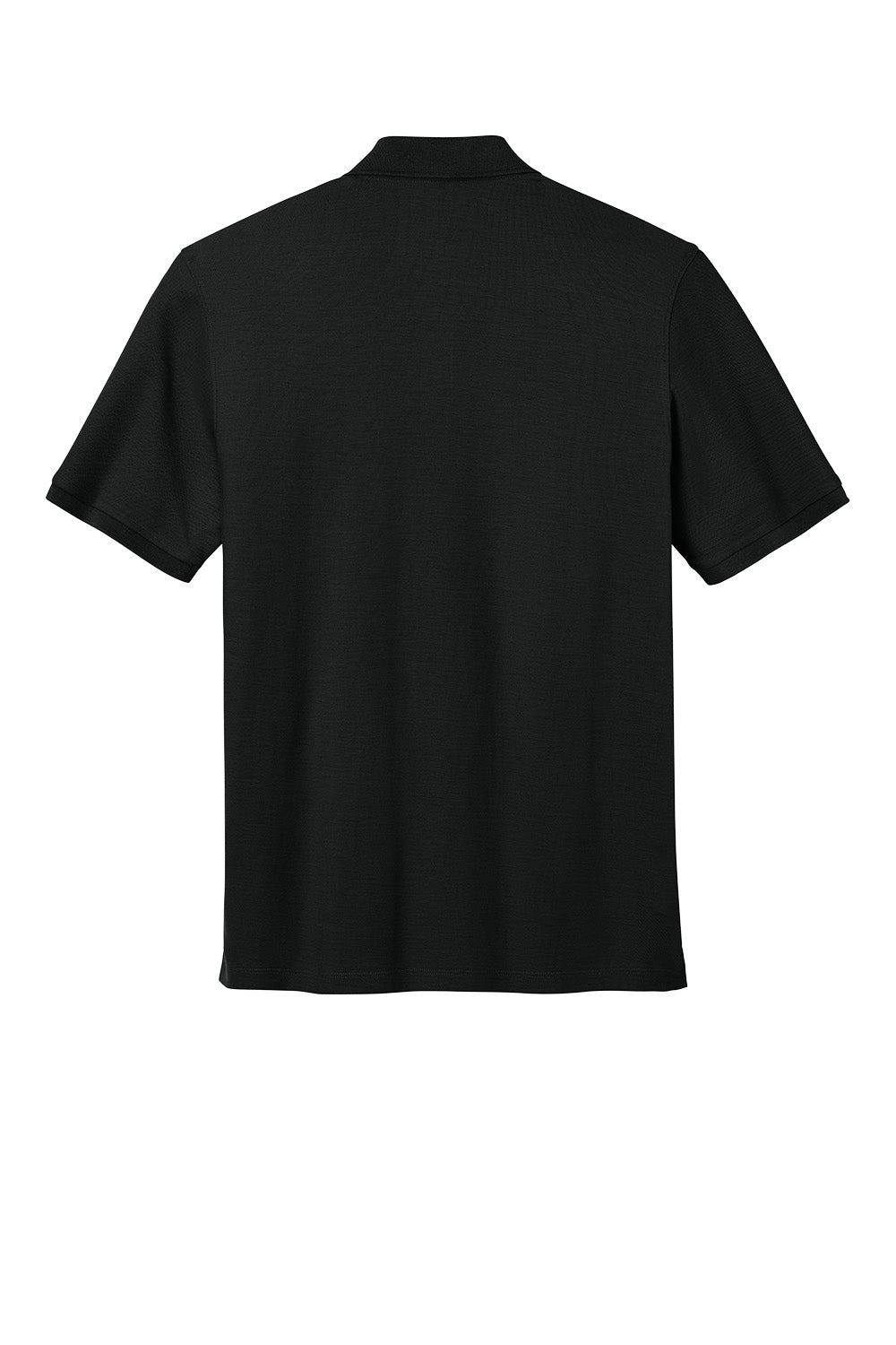 Port Authority® short sleeve black pocket polo shirt, corporate uniform style, shown from the back in print view.