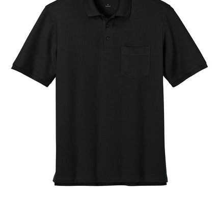 Black polo shirt front view – men’s short sleeve workwear polo.