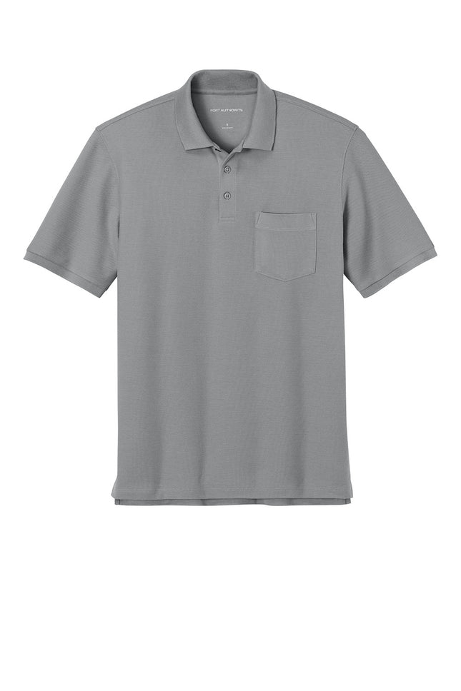Gray polo shirt front view – men’s durable pocket polo for work.