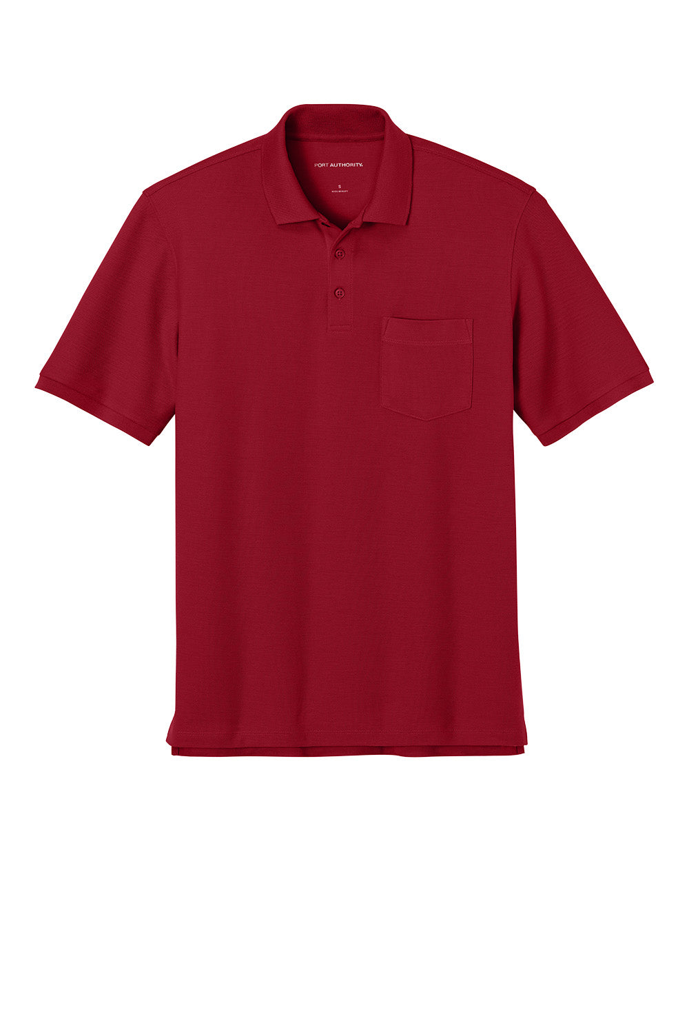 Port Authority® short sleeve pocket polo shirt in rich red, flat front design, ideal for corporate uniforms.