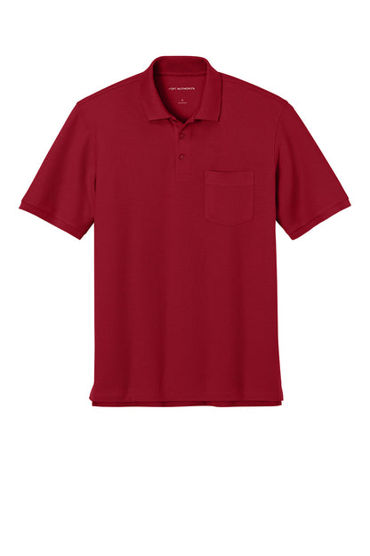 Port Authority® short sleeve pocket polo shirt in rich red, flat front design, ideal for corporate uniforms.