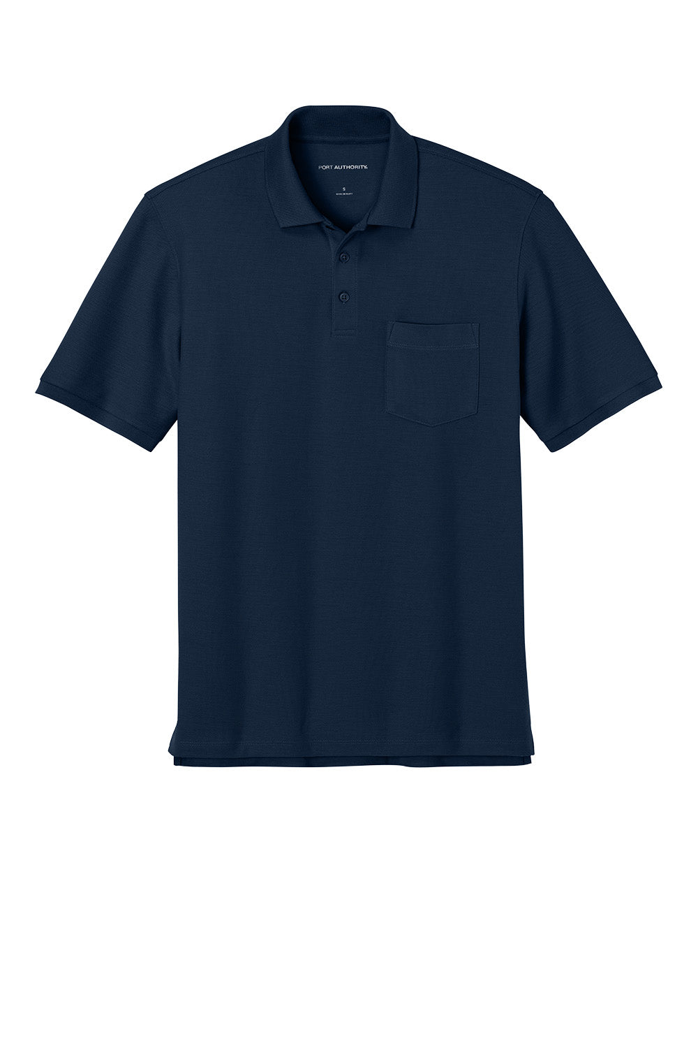 Port Authority® short sleeve pocket polo shirt in river blue and navy, featuring a flat front and classic polo style.