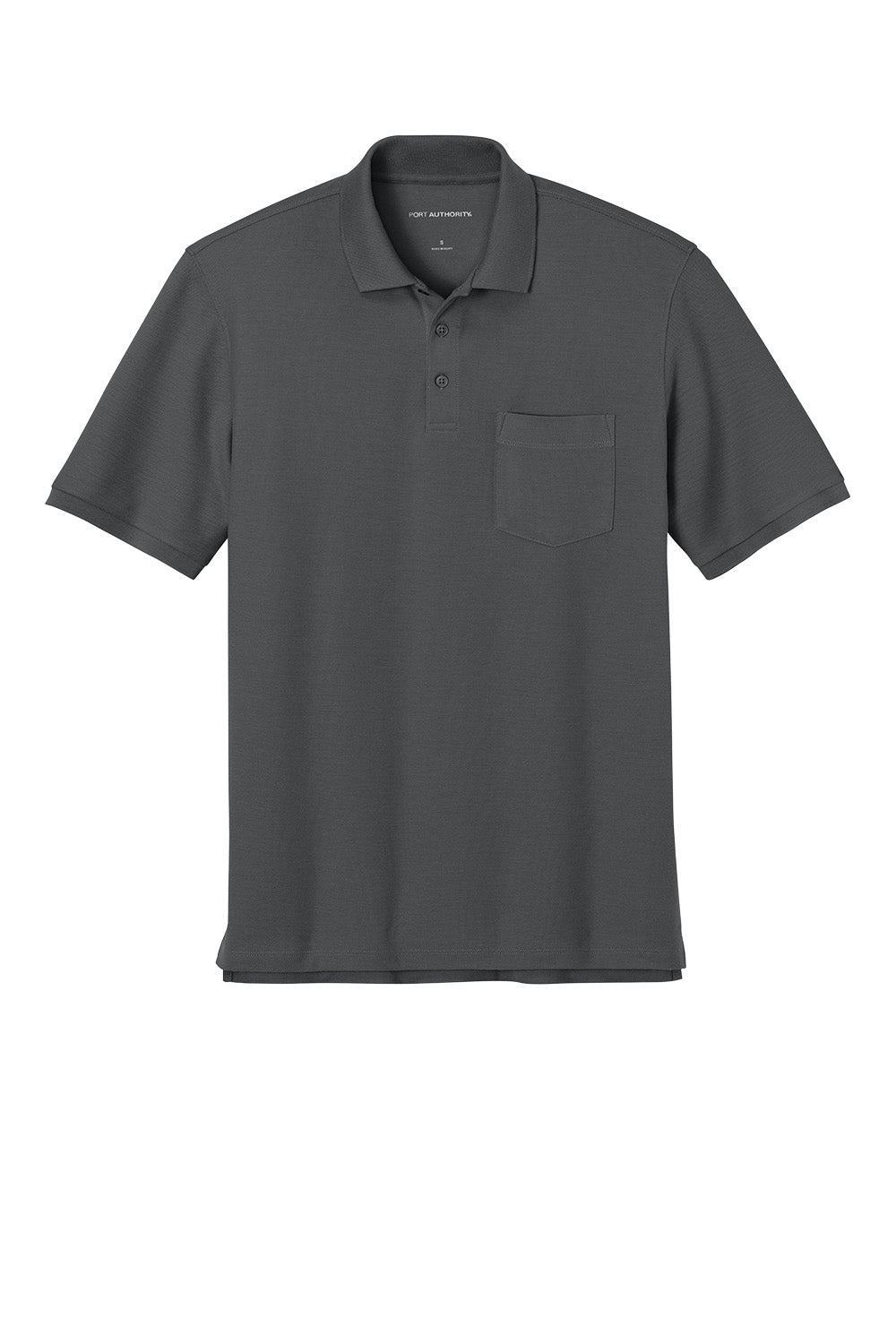 Port Authority® short sleeve pocket polo shirt in storm grey, flat front view, showing classic polo collar and chest pocket.