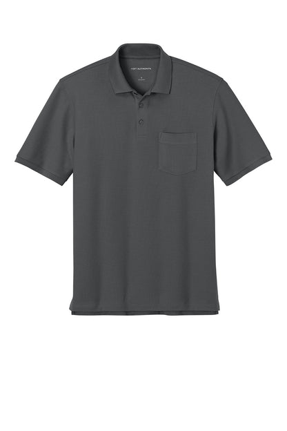 Port Authority® short sleeve pocket polo shirt in storm grey, flat front view, showing classic polo collar and chest pocket.