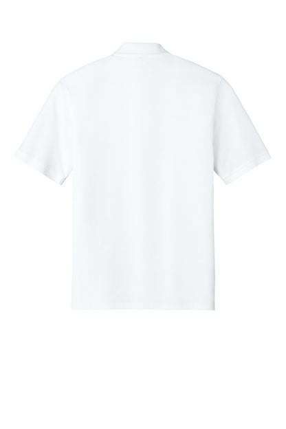 White Port Authority® short sleeve pocket polo shirt, flat back view, ideal for corporate uniforms with a classic design.