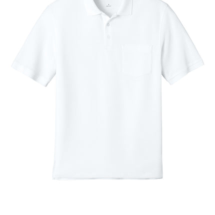 White polo shirt front view – men’s wrinkle-resistant uniform polo.