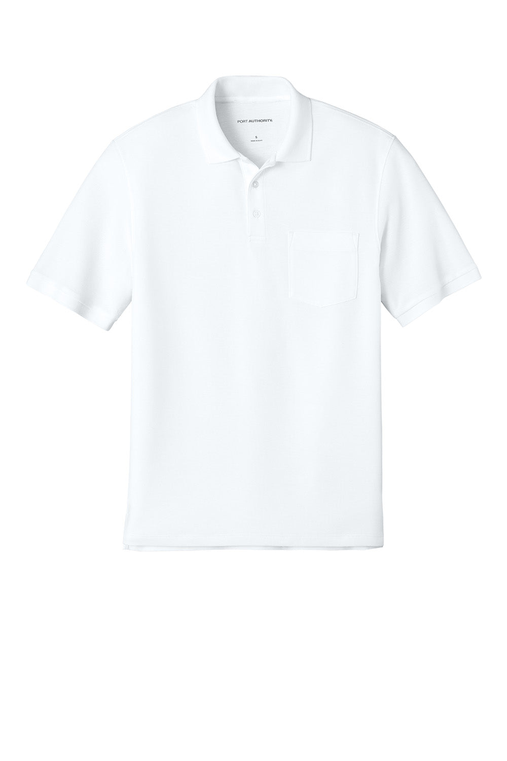 White Port Authority® short sleeve pocket polo shirt with a flat front, designed for corporate uniforms.