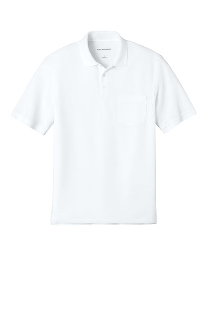 White Port Authority® short sleeve pocket polo shirt with a flat front, designed for corporate uniforms.