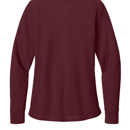 Port Authority® Women’s Wearever Signature Pique Long Sleeve Polo — Back view, maroon. Rounded drop tail hem and smooth back for back-print or name/number.