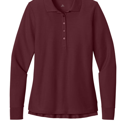 Port Authority® Women’s Wearever Signature Pique Long Sleeve Polo — Front view, maroon. Classic fitted pique collar, dyed-to-match buttons, left chest clear for logo/embroidery.