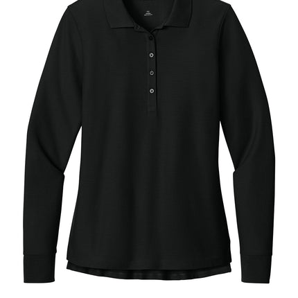 Port Authority® Women’s Wearever Signature Pique Long Sleeve Polo — Front view, Black. Anti-curl flat knit collar and side vents; ideal for embroidered company logo.