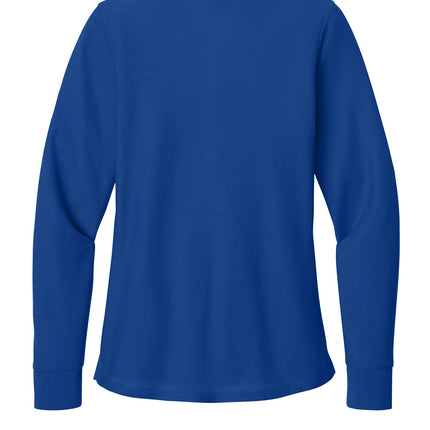 Port Authority® Women’s Wearever Signature Pique Long Sleeve Polo — Back view, TrueRoyal. Rounded drop tail hem for coverage and print placement.