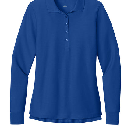 Port Authority® Women’s Wearever Signature Pique Long Sleeve Polo — Front view, Trueroyal. Anti-curl collar, pearlized buttons, ideal for embroidered corporate logos.