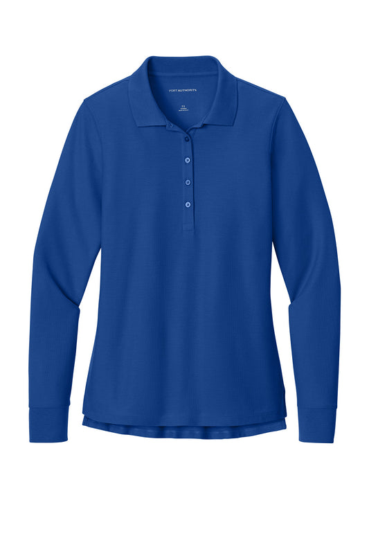 Print-View Port Authority women’s long sleeve pique polo in true royal blue, shown from the front with a flat view.