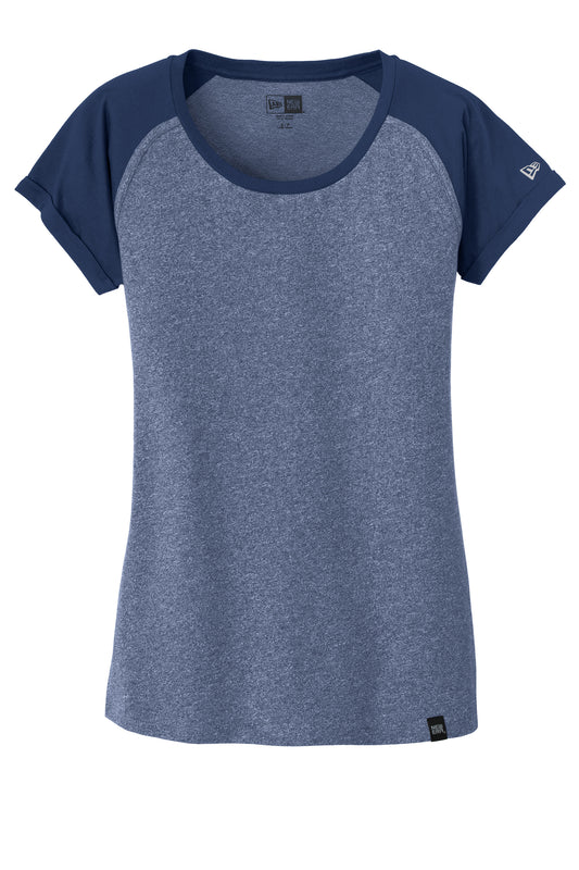 Dark royal New Era Women's Heritage Blend Varsity Tee with contrasting collar and sleeve details, flat-front view.