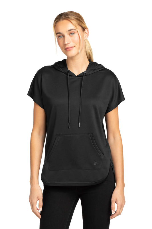 Black New Era women's performance terry short sleeve hoodie worn by a model, front view showcasing the casual athletic style.