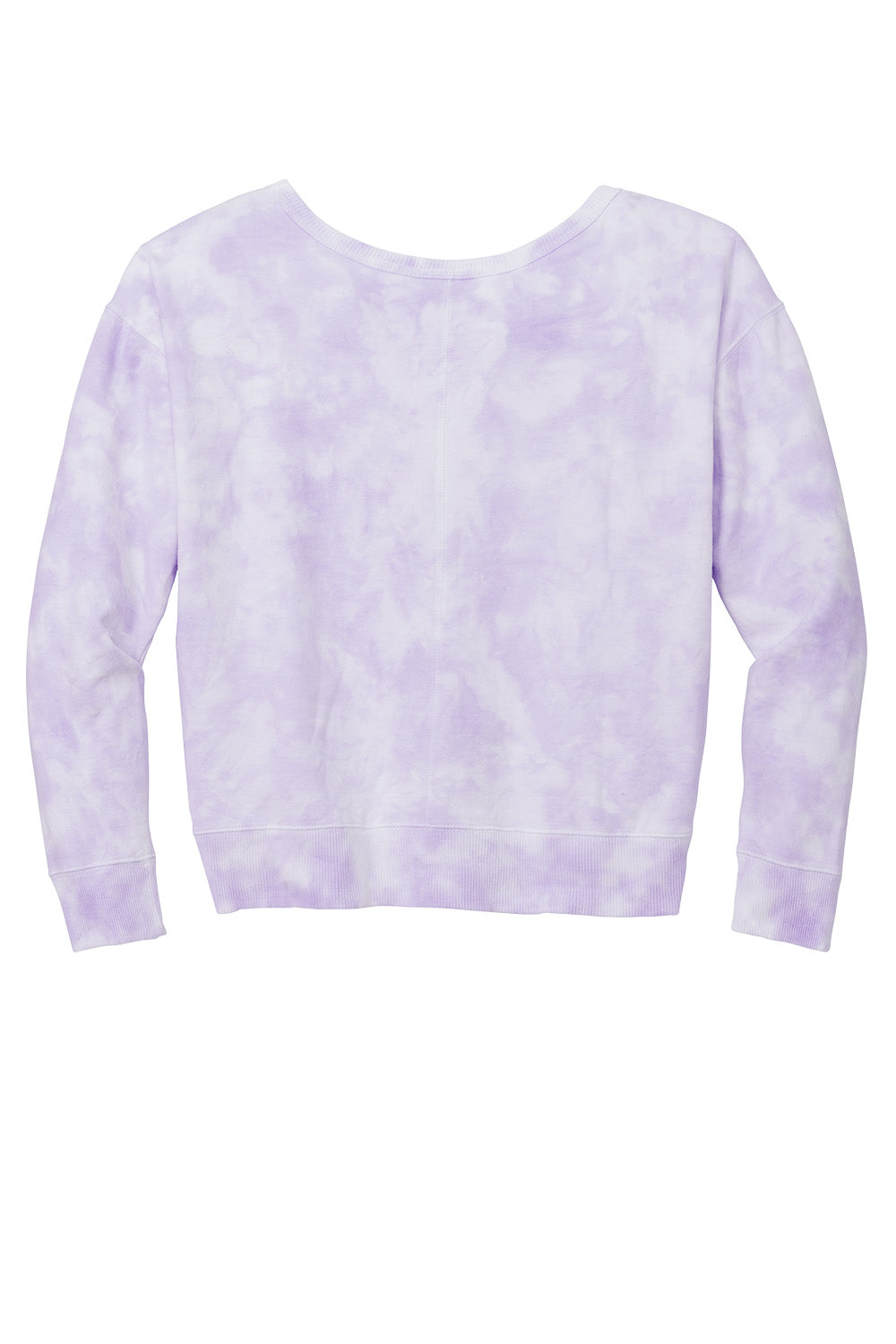 Print-View Port & Co™ Women's Beach Wash® Cloud Tie-Dye V-Neck Sweatshirt in amethyst, laid flat showing the tie-dye pattern and V-neck design.