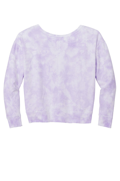 Print-View Port & Co™ Women's Beach Wash® Cloud Tie-Dye V-Neck Sweatshirt in amethyst, laid flat showing the tie-dye pattern and V-neck design.