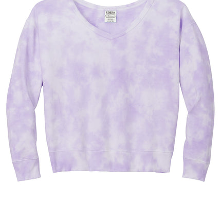 Port & Co Women's Beach Wash Cloud Tie-Dye V-Neck Sweatshirt (Purple Cloud) back view — unique tie-dye pattern, soft fleece interior