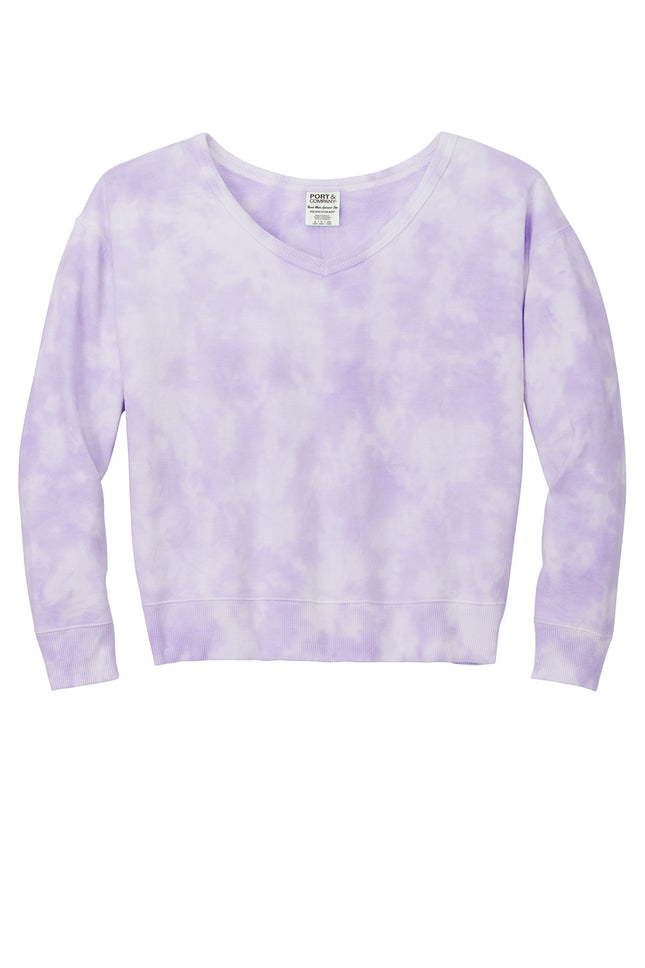 Port & Co Women's Beach Wash Cloud Tie-Dye V-Neck Sweatshirt (Purple Cloud) back view — unique tie-dye pattern, soft fleece interior