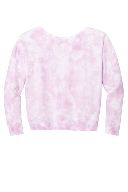 Print-View Port & Co™ Women's Beach Wash® Cloud Tie-Dye V-Neck Sweatshirt, pink with back view and tie-dye pattern.