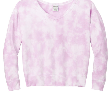 Port & Co Women's Beach Wash Cloud Tie-Dye V-Neck Sweatshirt pink front view — soft golden hues, ideal for monogramming